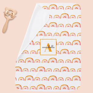 Monogram Modern Orange Watercolor Rainbow Baby Blanket