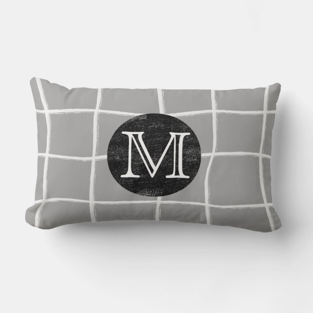 monogram modern painted grid pattern design gray  lumbar pillow (Front)