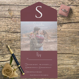 Monogram Modern Photo Burgundy Wine Dinner All In One Invitation