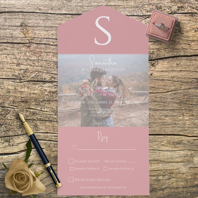 Monogram Modern Photo Dusty Pink Dinner All In One Invitation (Creator Uploaded)
