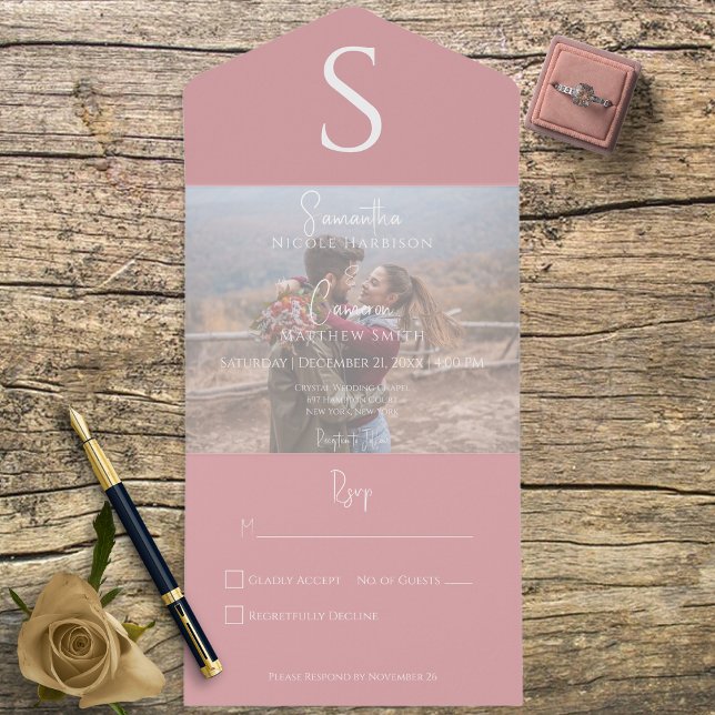 Monogram Modern Photo Dusty Pink No Dinner All In One Invitation (Creator Uploaded)