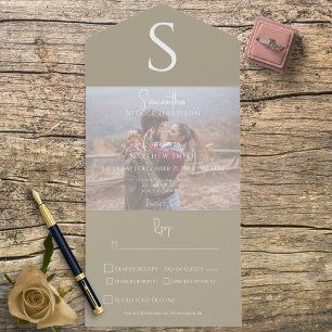 Monogram Modern Photo Khaki Tan Dinner All In One Invitation