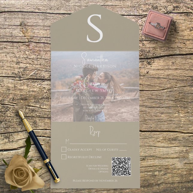 Monogram Modern Photo Khaki Tan QR Code All In One Invitation (Creator Uploaded)