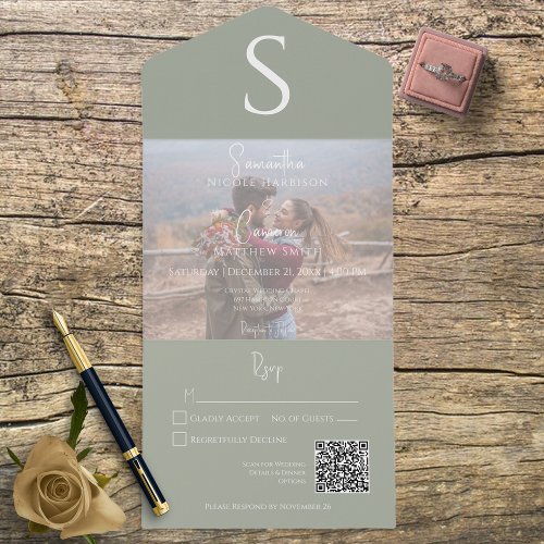 Monogram Modern Photo Sage Green QR Code All In One Invitation