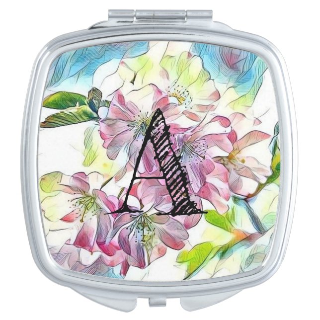 Monogram Modern Pink Cherry Blossom Watercolor   Compact Mirror (Front)