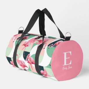 Monogram Modern Pink Flamingo Geometric Girly Name Duffle Bag