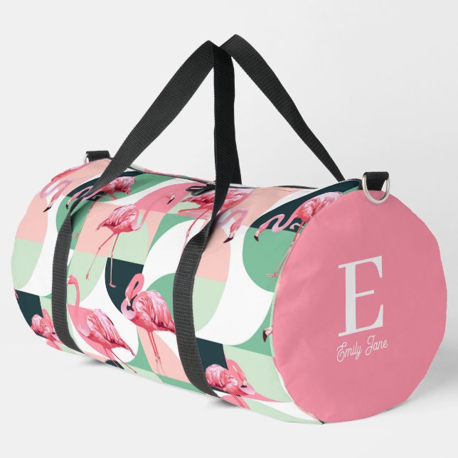 Monogram Modern Pink Flamingo Geometric Girly Name Duffle Bag (Left Corner)