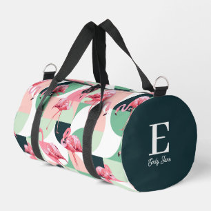 Monogram Modern Pink Flamingo Geometric Girly Name Duffle Bag
