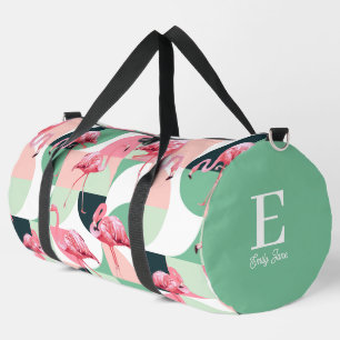 Monogram Modern Pink Flamingo Geometric Girly Name Duffle Bag