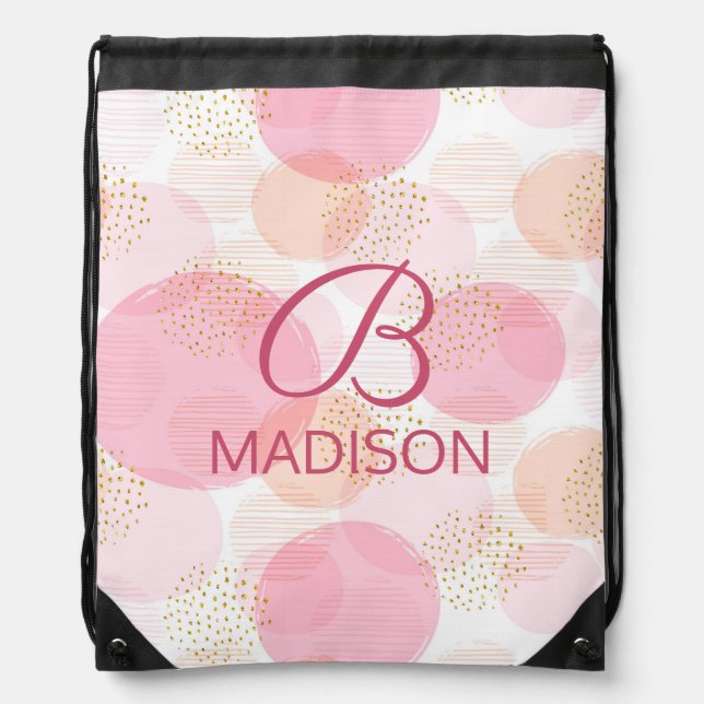 Monogram Modern Pink Girly Glitter Personalized Drawstring Bag (Front)