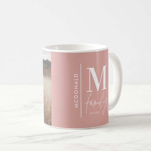 Monogram modern pink personalized photo family coffee mug (Front Right)