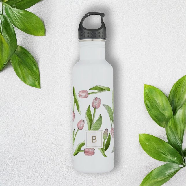 Monogram Modern Pink Tulip Stainless Steel Water Bottle (Creator Uploaded)