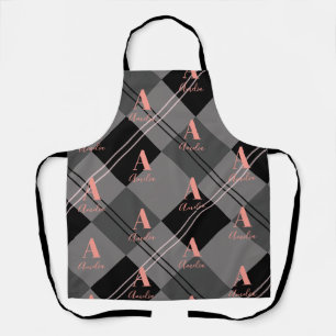 Monogram Modern Plaid Gray Black Pink Apron