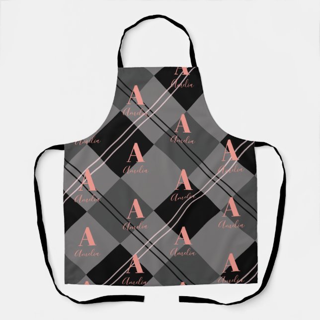 Monogram Modern Plaid Gray Black Pink Apron (Front)