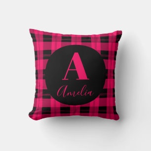 Monogram Modern Plaid Hot Pink Black Throw Pillow