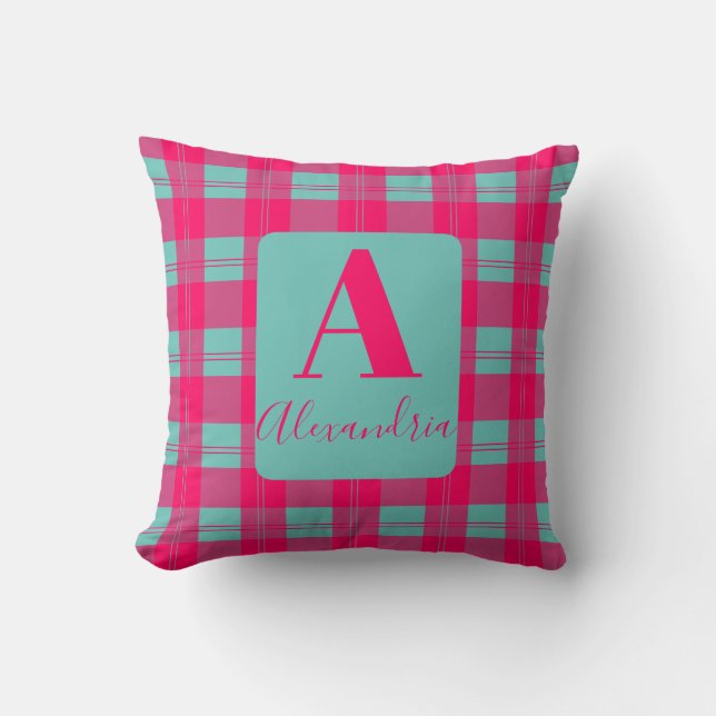 Monogram Modern Plaid Hot Pink Mint Throw Pillow (Front)