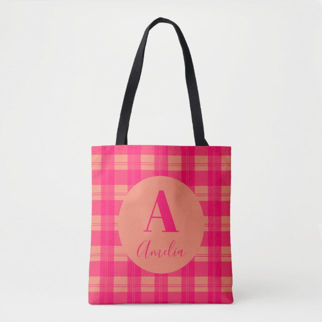 Monogram Modern Plaid Hot Pink Orange Tote Bag (Front)