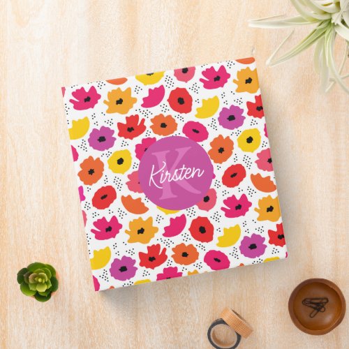 Monogram Modern Poppy Floral Pattern Script Name  3 Ring Binder