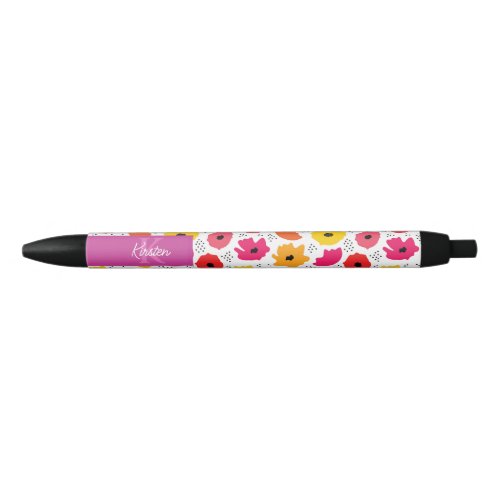 Monogram Modern Poppy Floral Pattern Script Name  Black Ink Pen