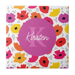 Monogram Modern Poppy Floral Pattern Script Name  Ceramic Tile
