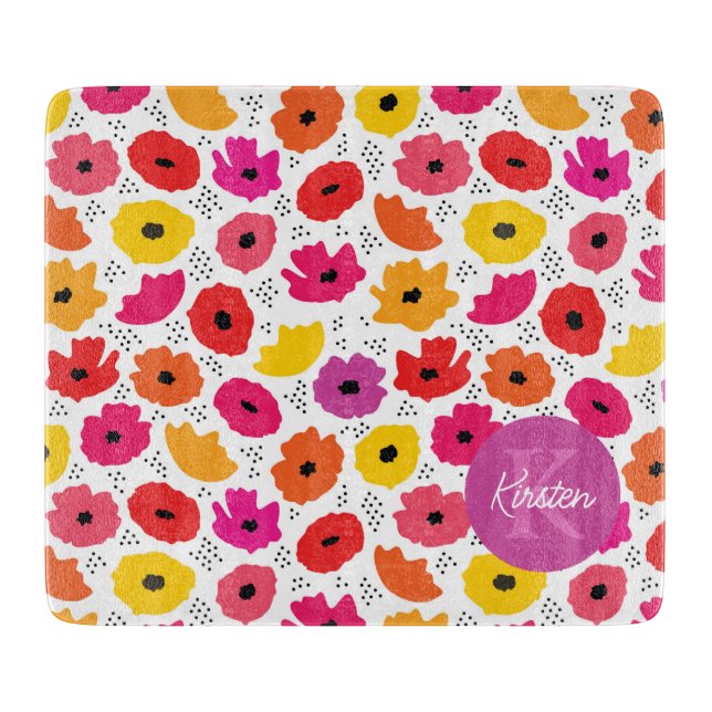 Monogram Modern Poppy Floral Pattern Script Name  Cutting Board (Front)