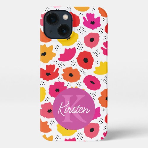 Monogram Modern Poppy Floral Pattern Script Name  iPhone 13 Case