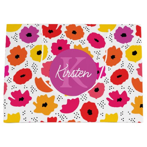 Monogram Modern Poppy Floral Pattern Script Name  Large Gift Bag
