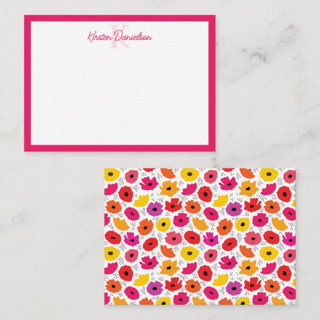Monogram Modern Poppy Floral Pattern Script Name  Note Card (Front/Back)