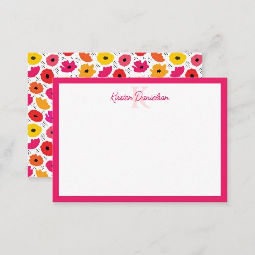 Monogram Modern Poppy Floral Pattern Script Name  Note Card