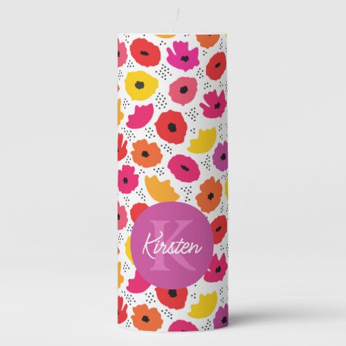 Monogram Modern Poppy Floral Pattern Script Name  Pillar Candle