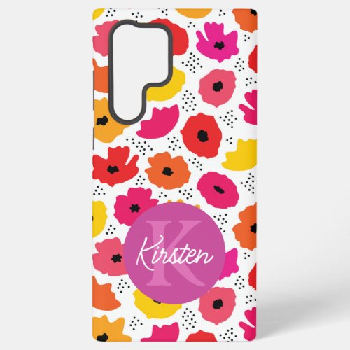 Monogram Modern Poppy Floral Pattern Script Name  Samsung Galaxy S22 Ultra Case