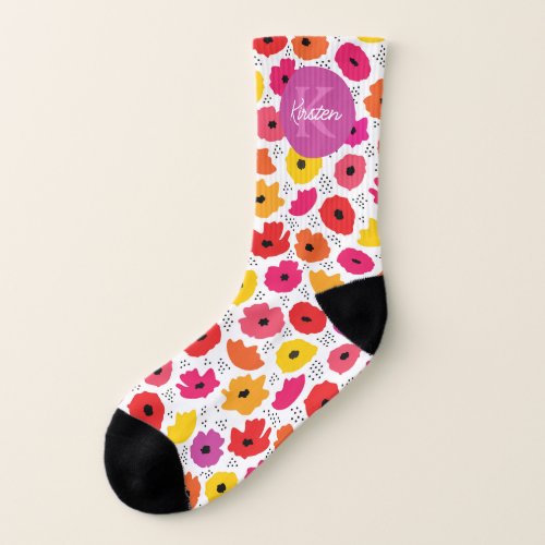 Monogram Modern Poppy Floral Pattern Script Name  Socks