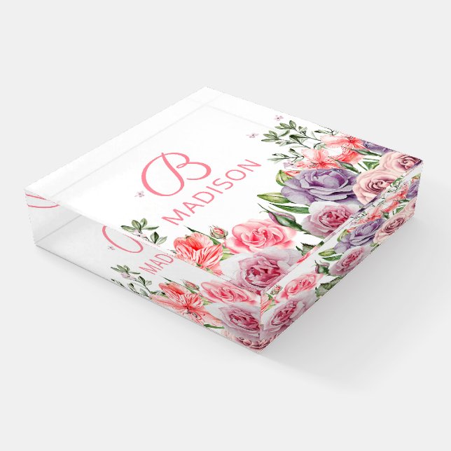 Monogram Modern Pretty Floral Girly Personalized Paperweight (Angled)