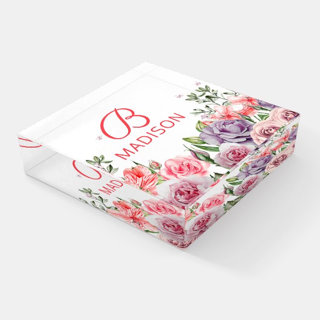Monogram Modern Pretty Floral Girly Personalized Paperweight (Angled)