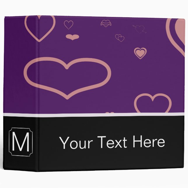 Monogram Modern Purple Pink Heart Pattern 3 Ring Binder (Front/Spine)