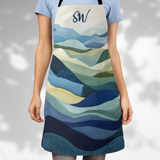 Monogram Modern Quilted Landscape Blue Apron (Creator Uploaded)