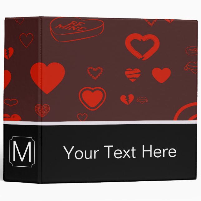 Monogram Modern Red Heart Pattern 3 Ring Binder (Front/Spine)