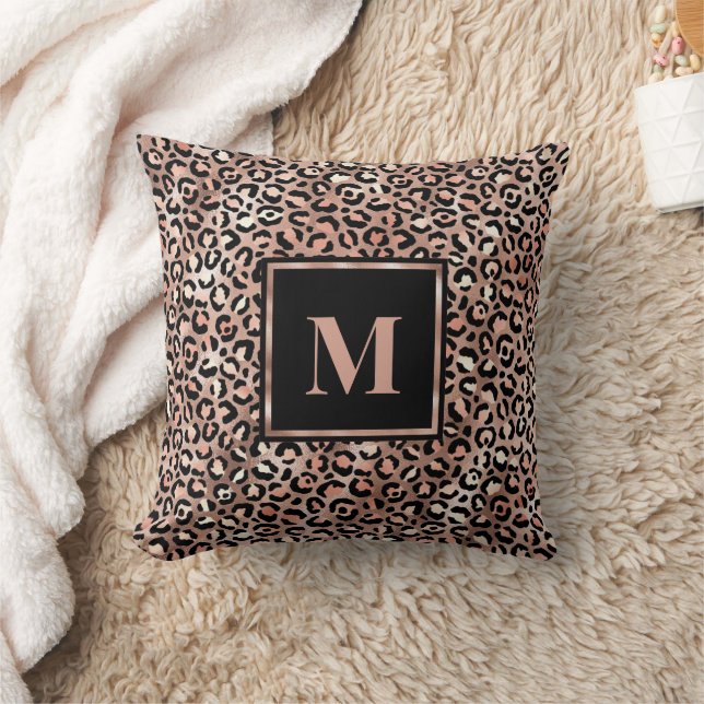 Monogram Modern Rose Gold Leopard Print Throw Pillow (Blanket)