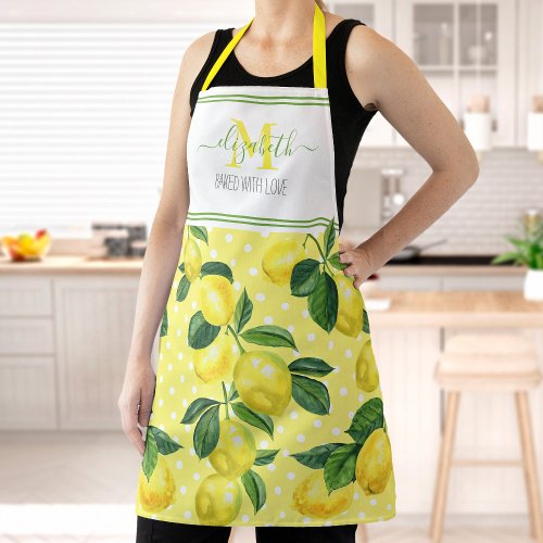 Monogram modern rustic lemon watercolor polka dot apron