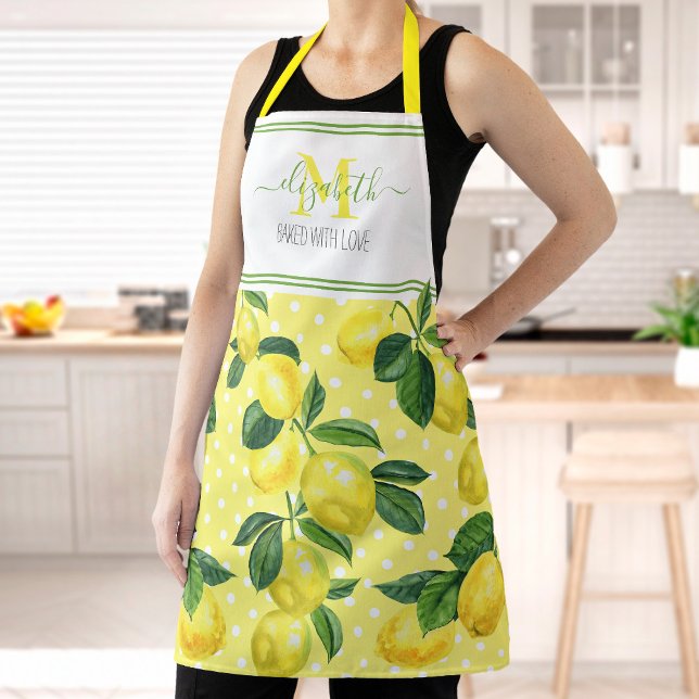 Monogram modern rustic lemon watercolor polka dot apron (Creator Uploaded)