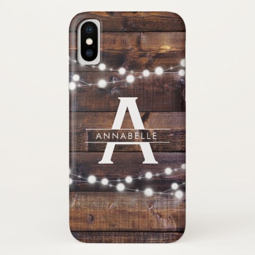 Monogram Modern Rustic Wood String Lights Country iPhone X Case