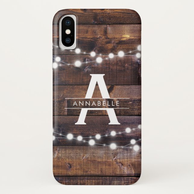 Monogram Modern Rustic Wood String Lights Country Case-Mate iPhone Case (Back)