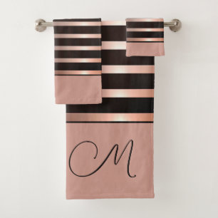 Monogram Modern Salmon Pink Stripes on Black Bath Towel Set