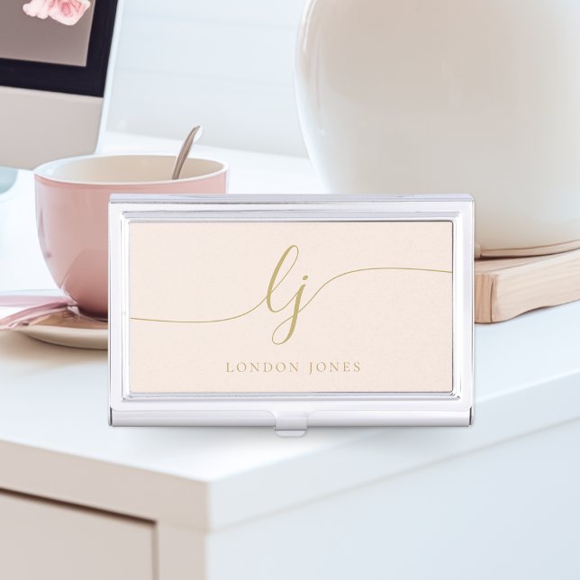 Monogram Modern Script Calligraphy Blush Pink Gold Business Card Case (Creator Uploaded)
