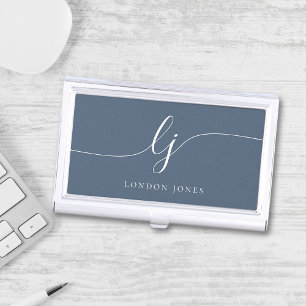 Monogram Modern Script Calligraphy Navy Blue Business Card Case