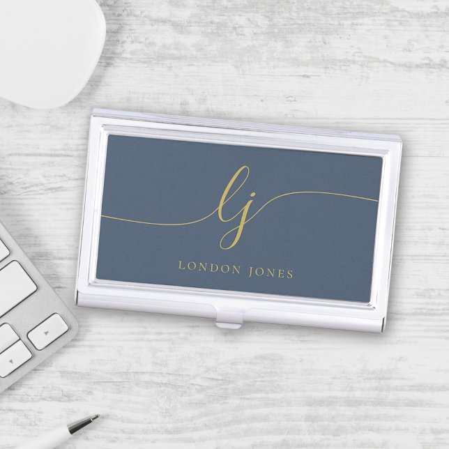 Monogram Modern Script Calligraphy Navy Blue Gold Business Card Case (Creator Uploaded)