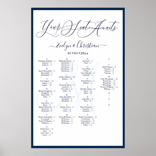 Monogram Modern Script DIY Color Seating Chart (Front)