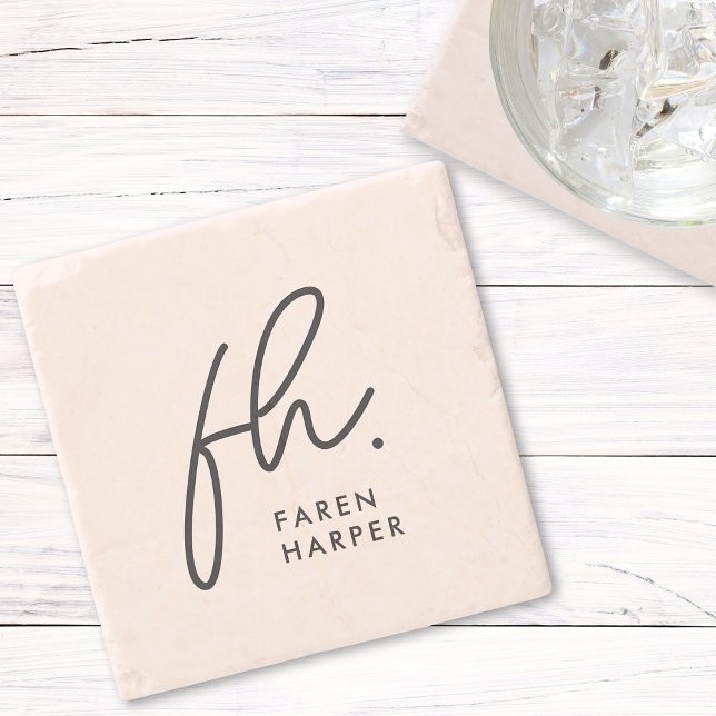 Monogram Modern Script Elegant Blush Pink Stone Coaster (Creator Uploaded)