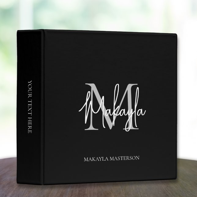 Monogram Modern Script Office School Black 3 Ring Binder (Creator Uploaded)