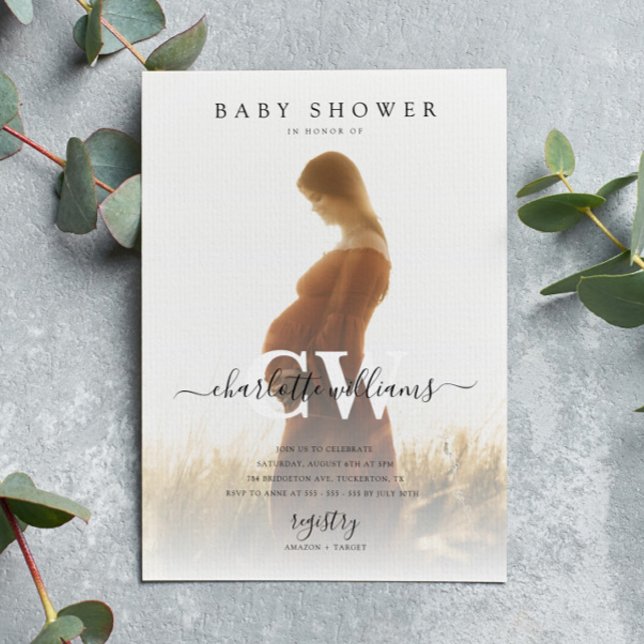 Monogram Modern Script Photo Baby Shower Invitation (Creator Uploaded)